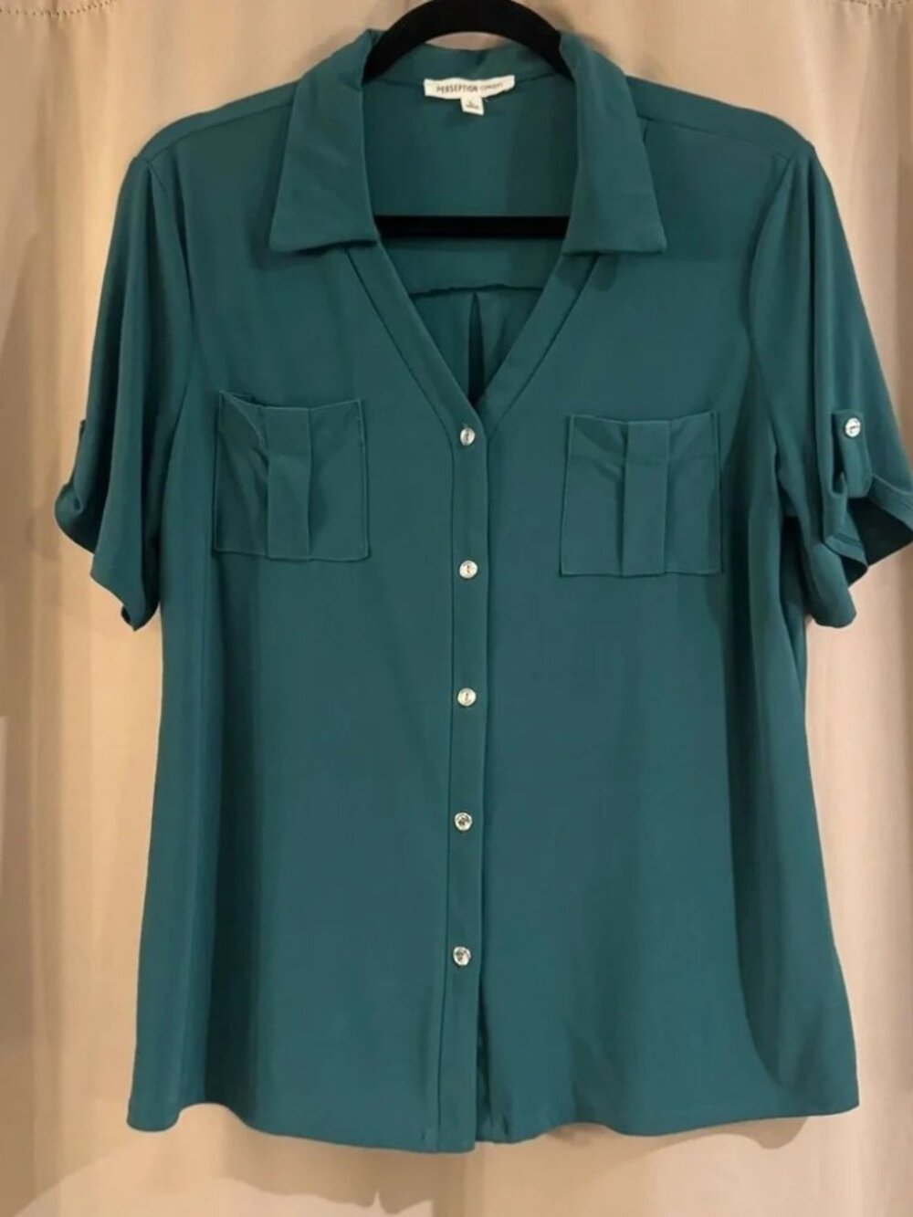 PerSeption Concept Teal Button-Front Short Sleeve Shirt